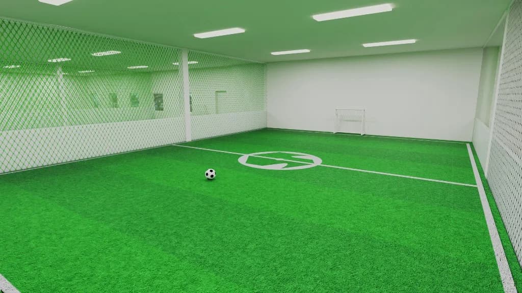 Visualisering av Smallpitch-bane med kunstgress og ball